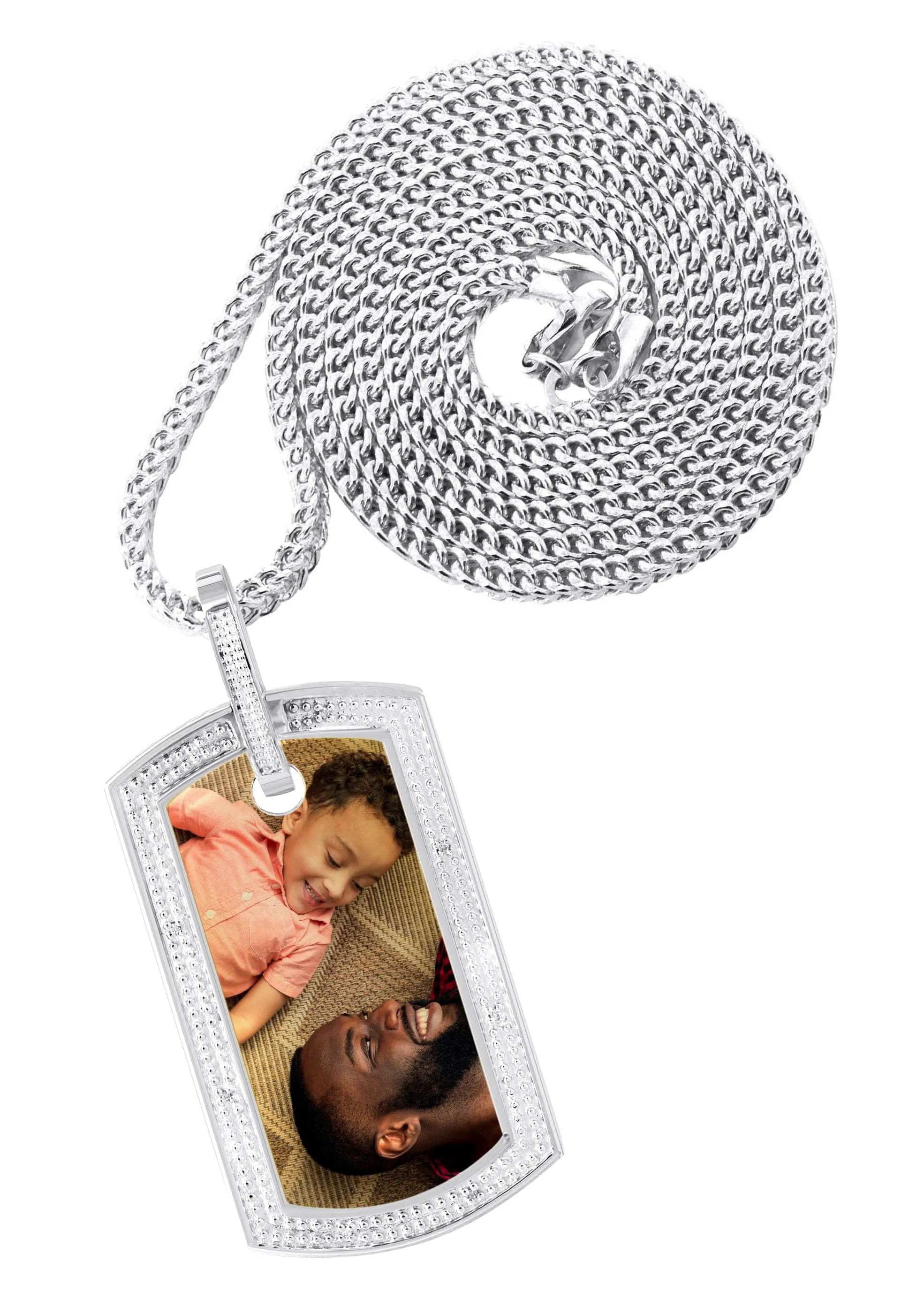 10K White Gold Diamond Dog Tag Picture Pendant Necklace | Appx. 27 Grams