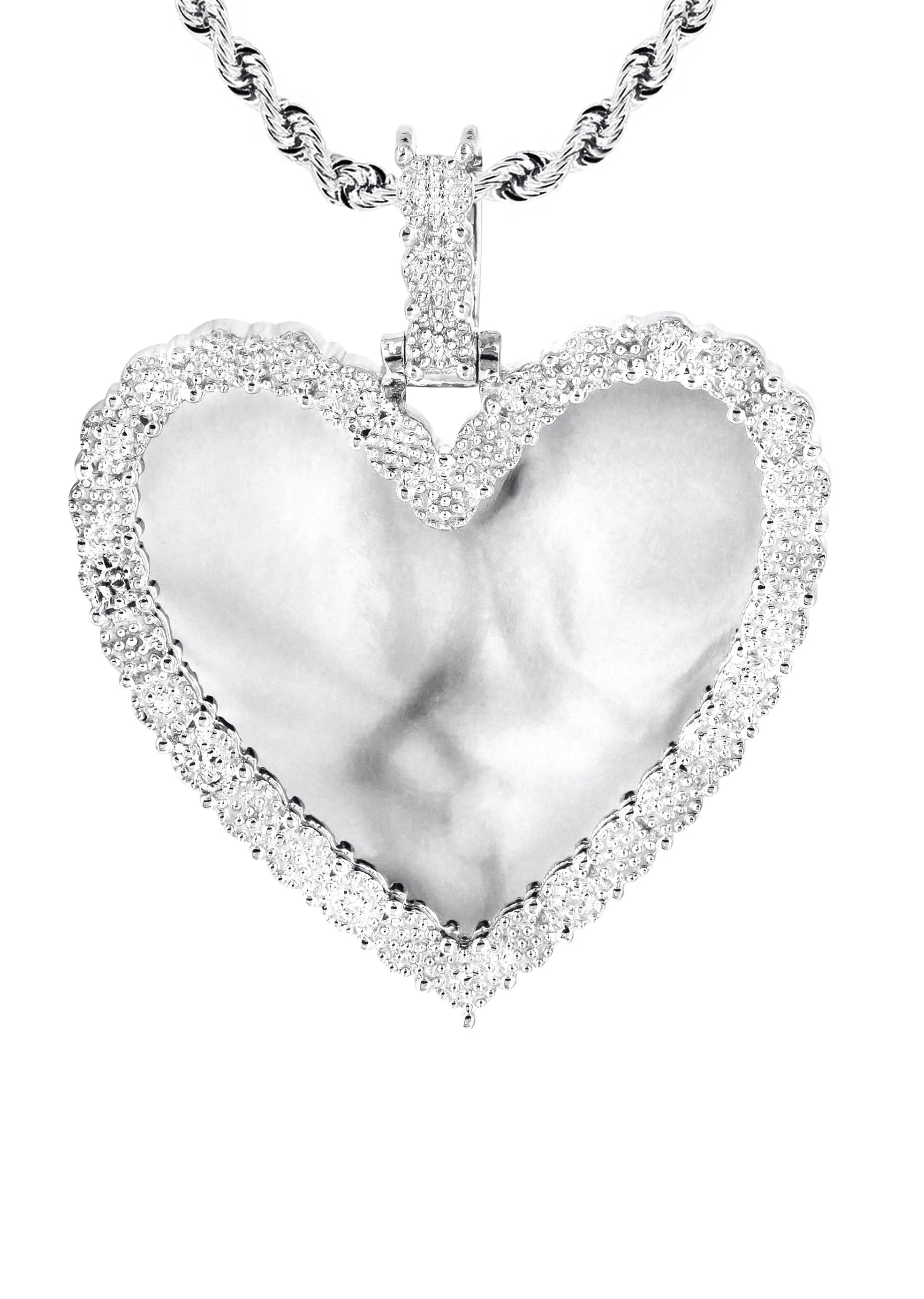 10K White Gold Large Diamond Heart Picture Pendant Necklace | Appx. 24 Grams