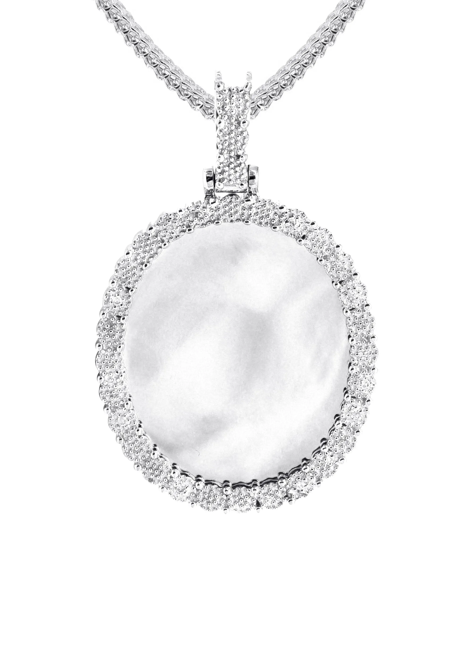 10K White Gold Medium Diamond Round Cuban Picture Pendant Necklace | Appx. 21 Grams