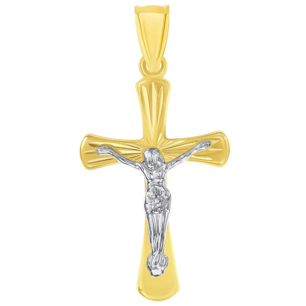 14k Gold High Polished Textured Religious Cross Jesus Crucifix Pendant with Cuban Curb Chain Necklace - Two-Tone