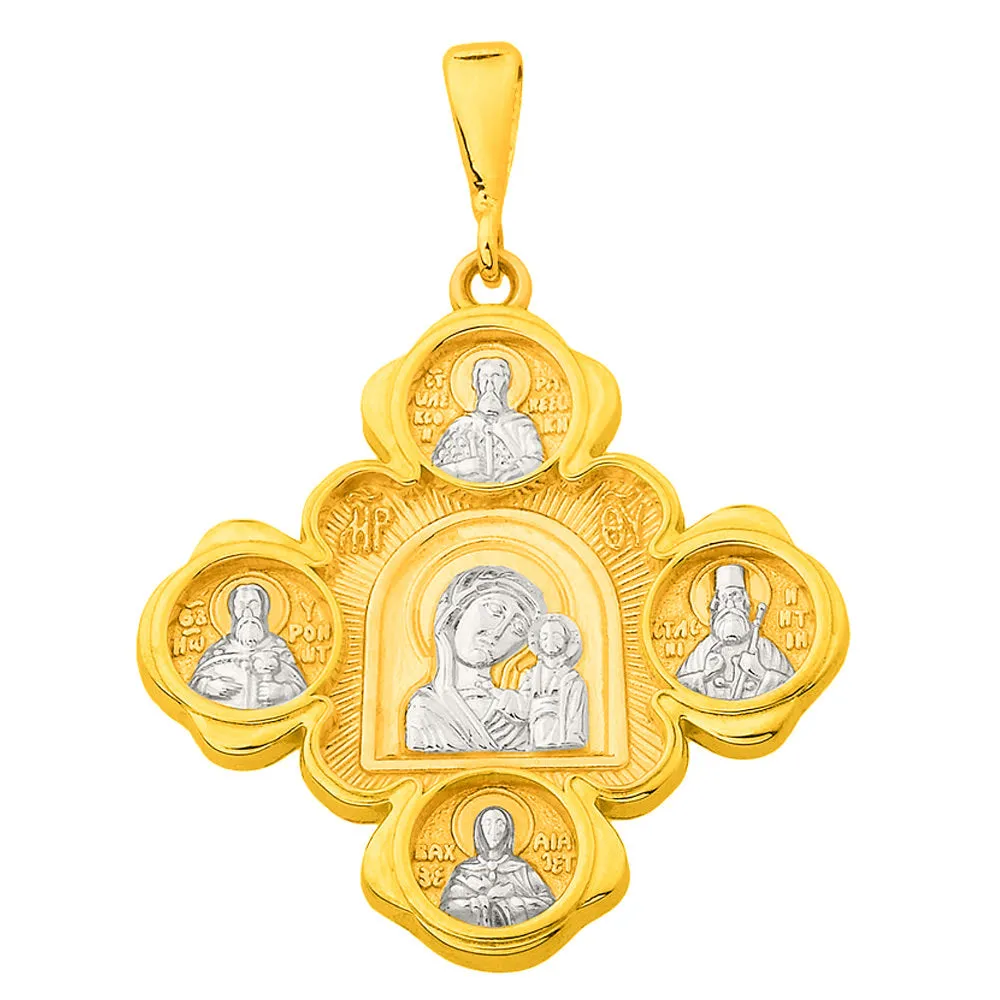 14K Gold Mother of God Virgin Mary with Jesus & Saints Cross Pendant Necklace - Yellow Gold