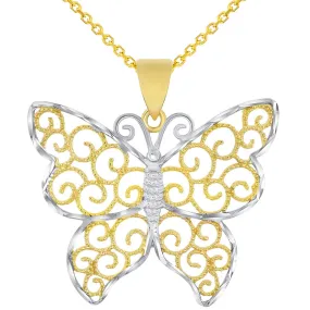 14k Gold Open Filigree Two-Tone Infinity Butterfly Pendant Necklace - Yellow Gold