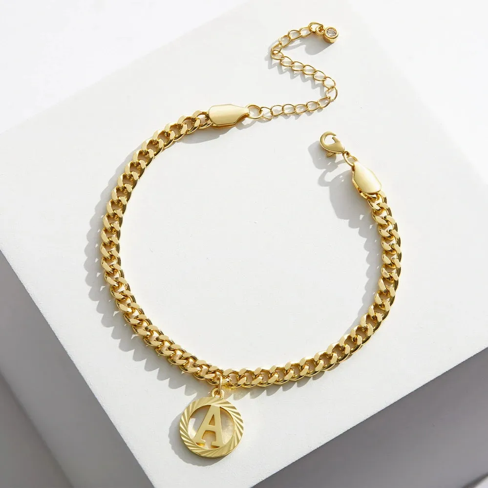 14K Gold Plated Cuban Link Anklets with Initial Pendant