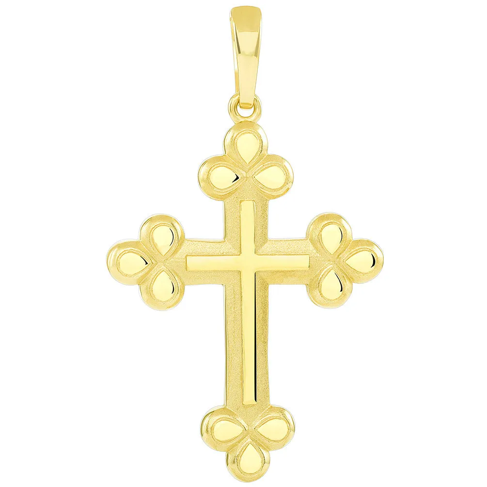 14k Gold Polished and Matte Finish Christian Eastern Orthodox Cross Pendant with Figaro Necklace - Yellow Gold