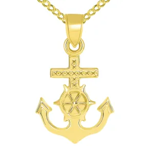 14k Gold Religious Nautical 3D Mariner's Cross Pendant Cuban Necklace - Yellow Gold