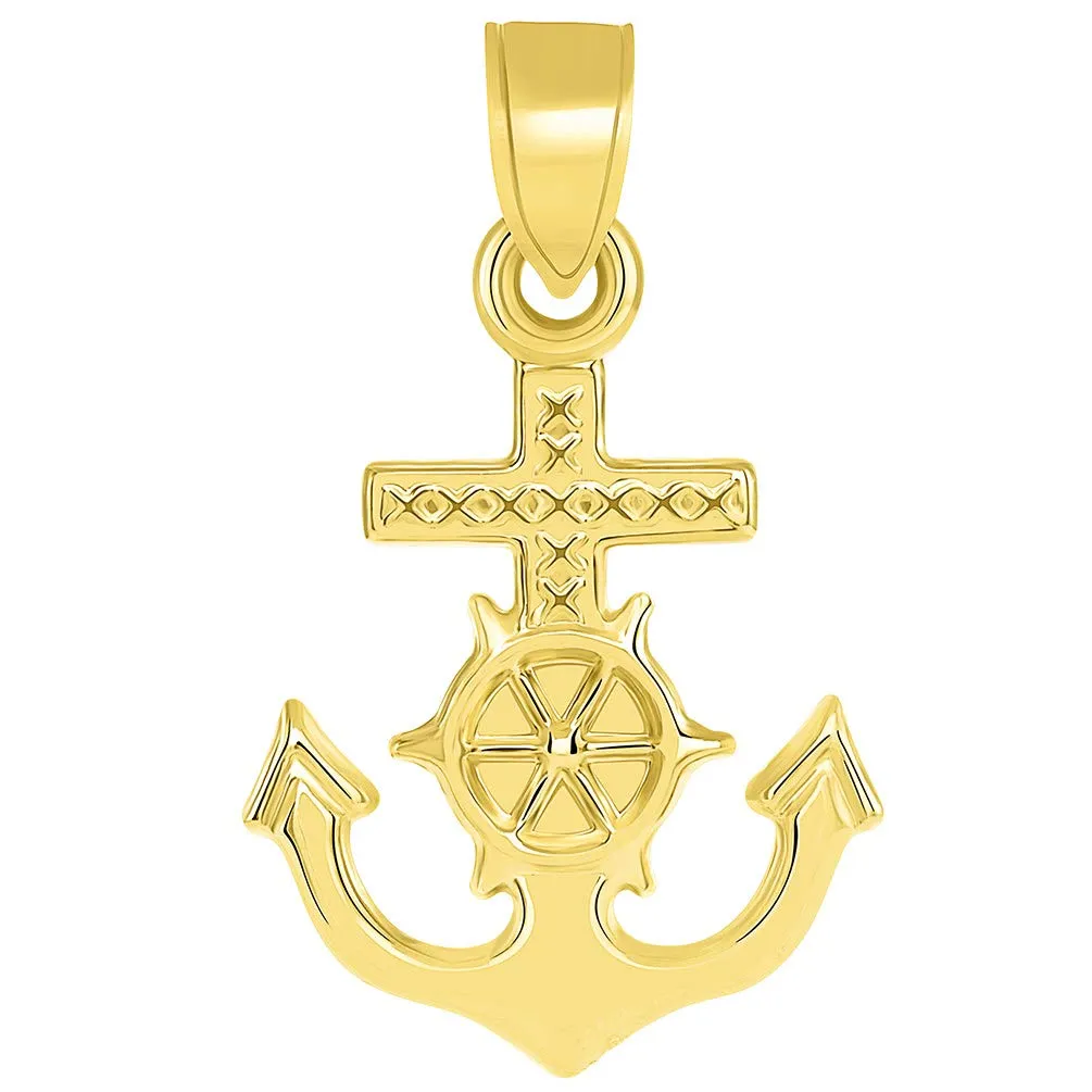 14k Gold Religious Nautical 3D Mariner's Cross Pendant Cuban Necklace - Yellow Gold