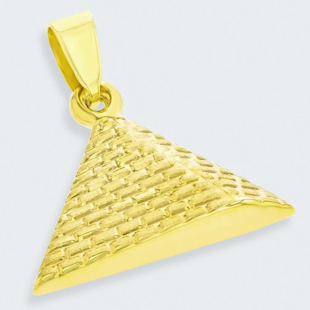 14K Gold Satin Polished Egyptian 2D Pyramid Pendant with Figaro Chain Necklace - Yellow Gold