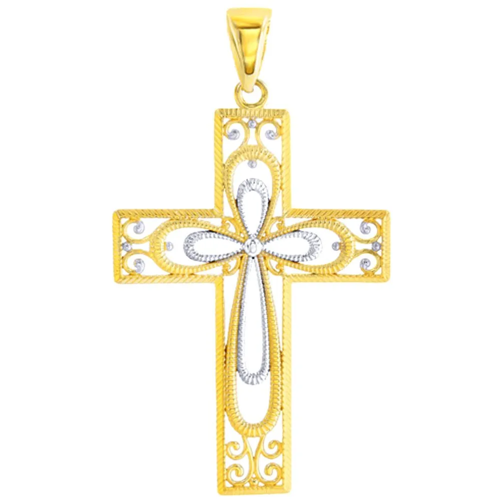 14K Gold Textured Milgrain Filigree Cross Pendant Necklace - Yellow Gold