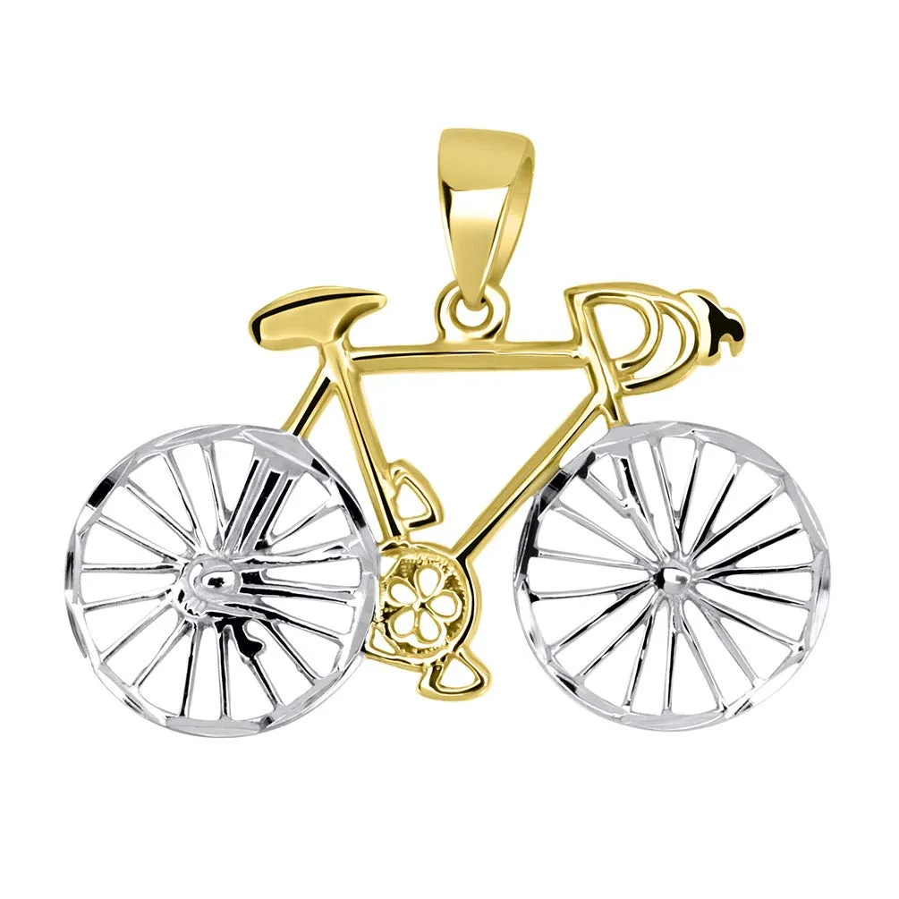 14k Gold Two-Tone Bicycle Bike with Textured Wheels Pendant Figaro Chain Necklace - Yellow Gold