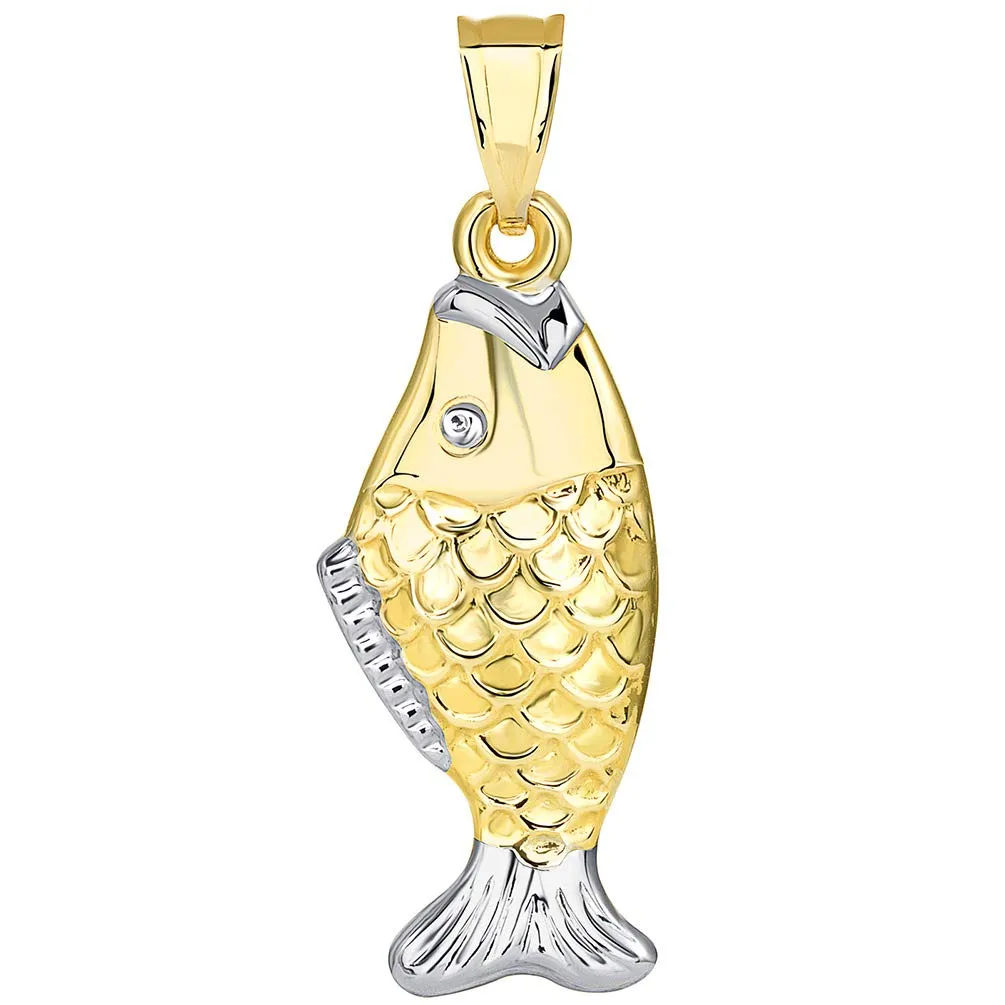 14k Gold Well Detailed Two Tone 3D Bass Vertical Fish Pendant Figaro Necklace - Yellow Gold