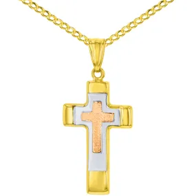 14K Rose & Yellow Gold Tricolor Religious Cross Charm Pendant with Cuban Chain Necklace