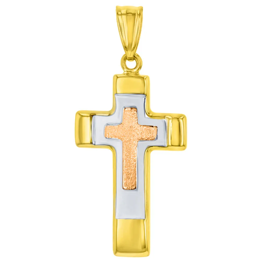 14K Rose & Yellow Gold Tricolor Religious Cross Charm Pendant with Cuban Chain Necklace