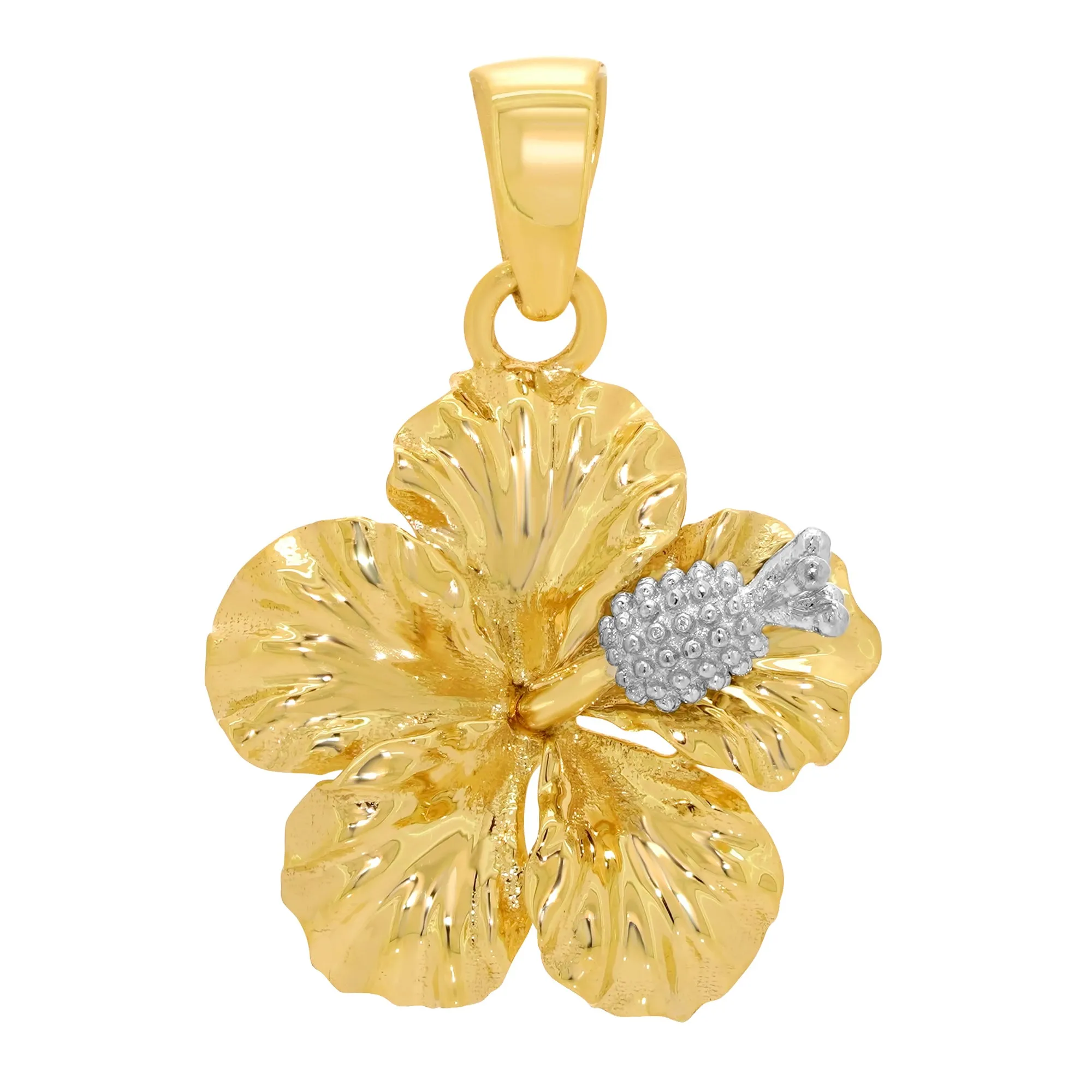 14k Solid Gold Hibiscus Charm Textured Flower Pendant - Two-Tone Gold