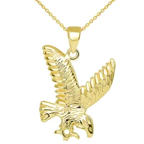 14k Solid Gold Soaring American Eagle Animal Pendant with Chain Necklace - Yellow Gold