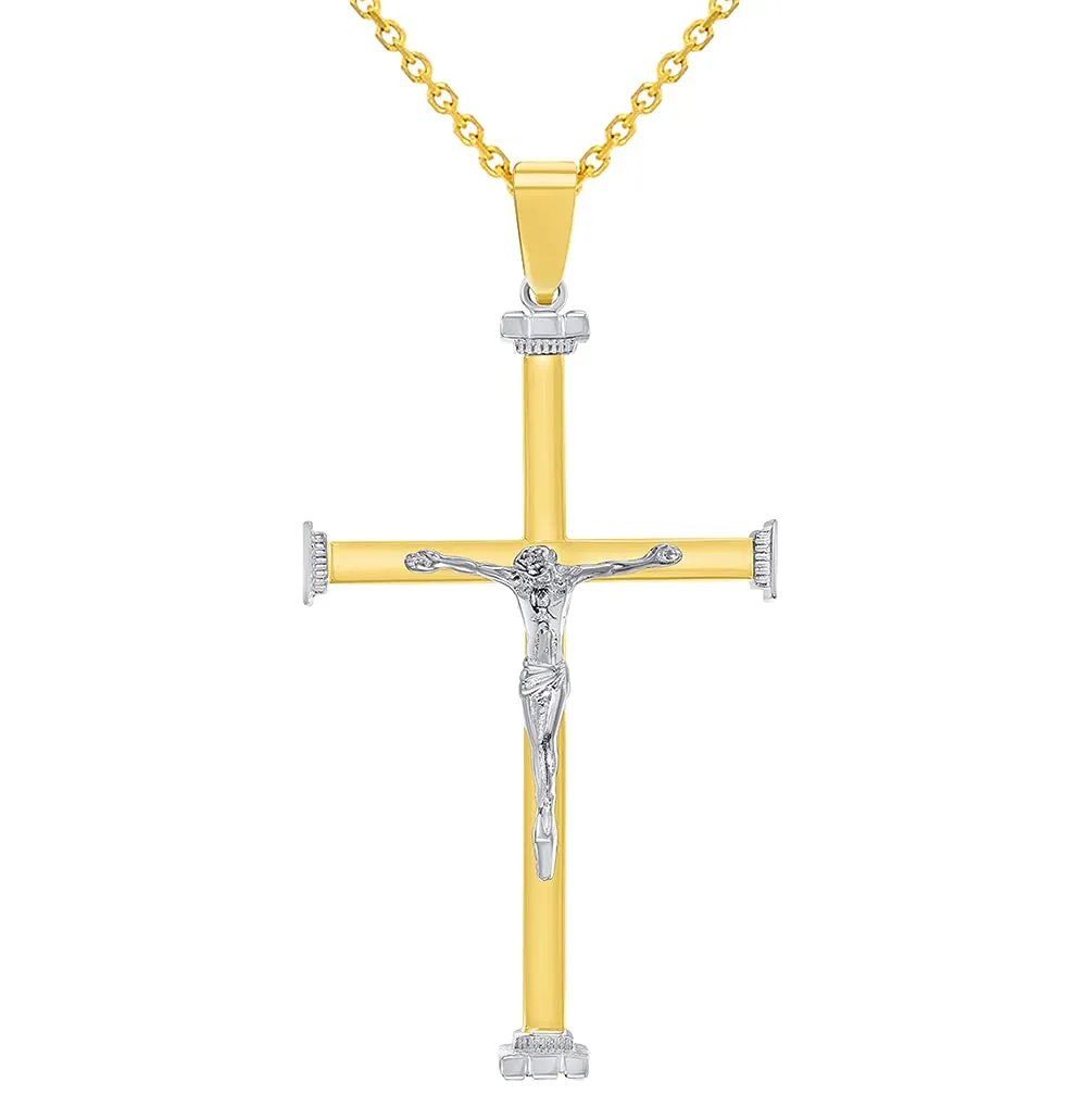 14k Solid Two-Tone Gold 3D Catholic Christian Crucifix Cross Pendant Necklace