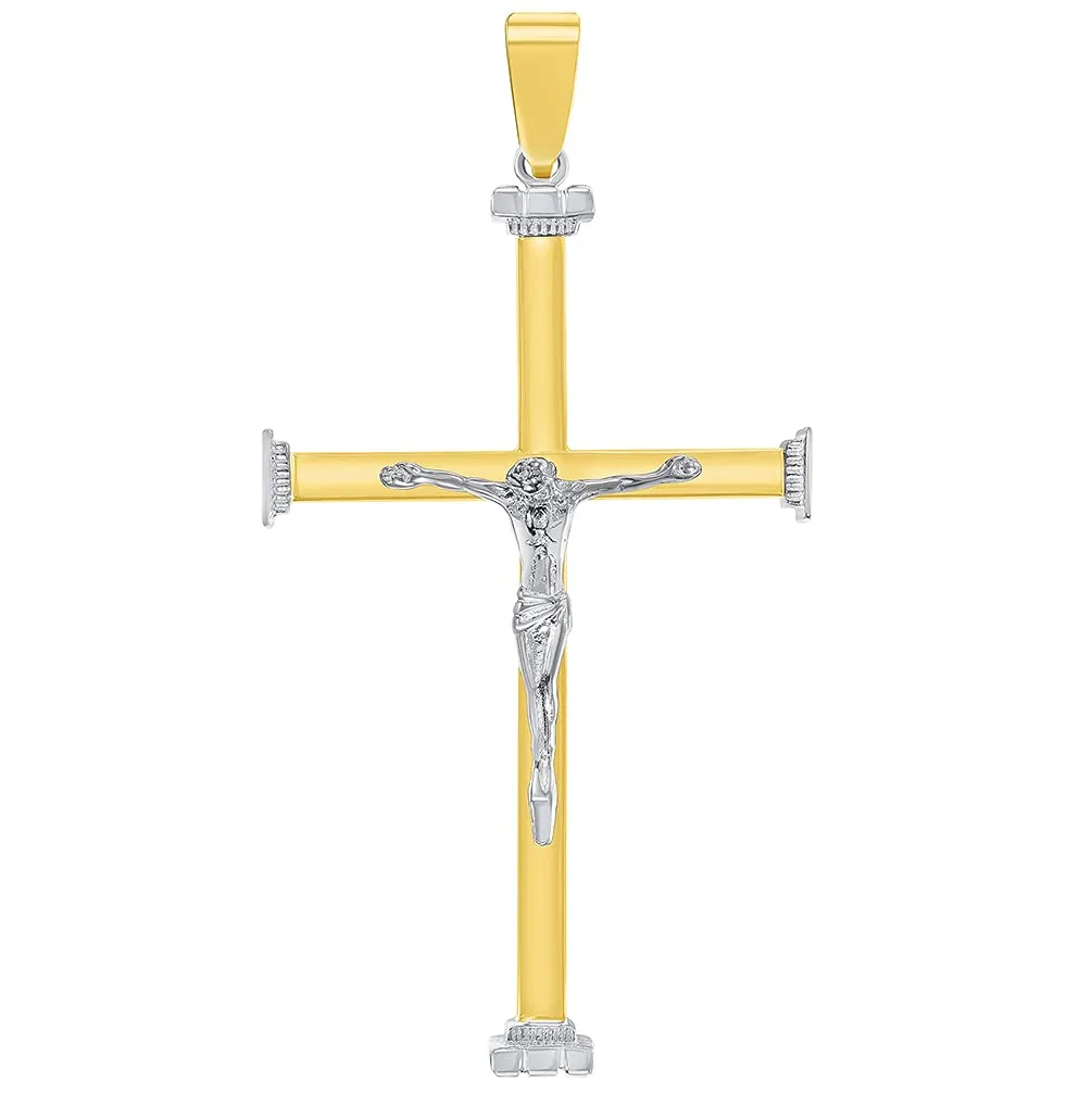 14k Solid Two-Tone Gold 3D Catholic Christian Crucifix Cross Pendant Necklace