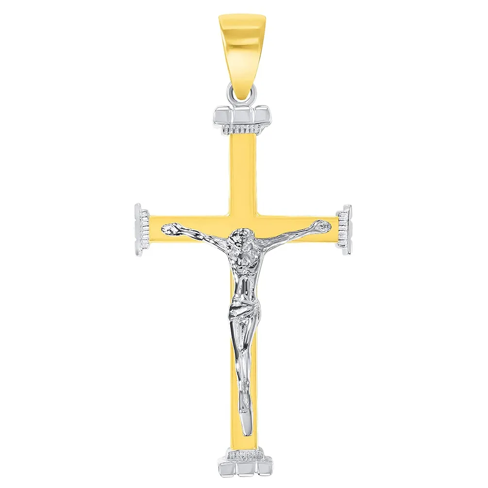 14k Solid Two-Tone Gold 3D Religious Crucifix Cross Pendant with Figaro Chain Necklace