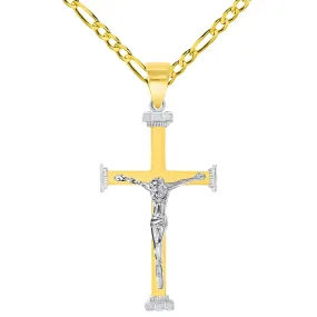 14k Solid Two-Tone Gold 3D Religious Crucifix Cross Pendant with Figaro Chain Necklace