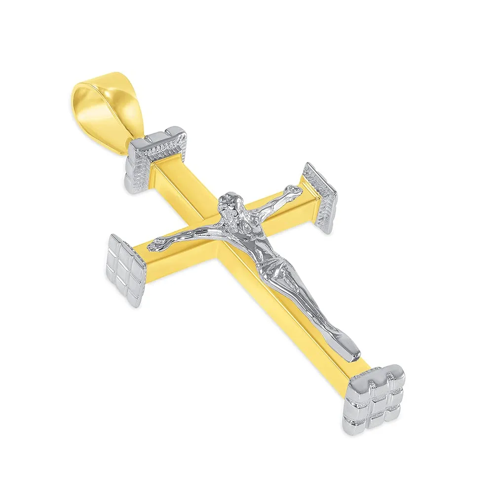 14k Solid Two-Tone Gold 3D Religious Crucifix Cross Pendant with Figaro Chain Necklace