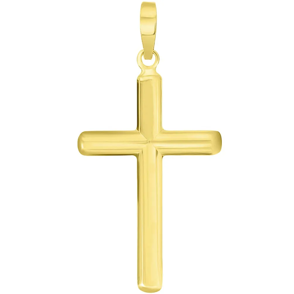 14k Solid Yellow Gold Traditional Religious Plain Cross Pendant Necklace with Rolo, Cuban, or Figaro Chain Necklaces