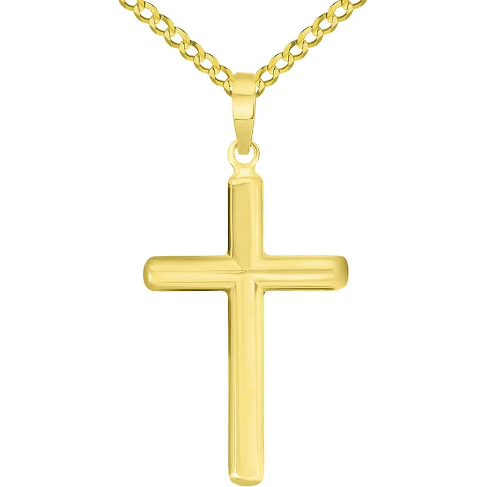 14k Solid Yellow Gold Traditional Religious Plain Cross Pendant Necklace with Rolo, Cuban, or Figaro Chain Necklaces