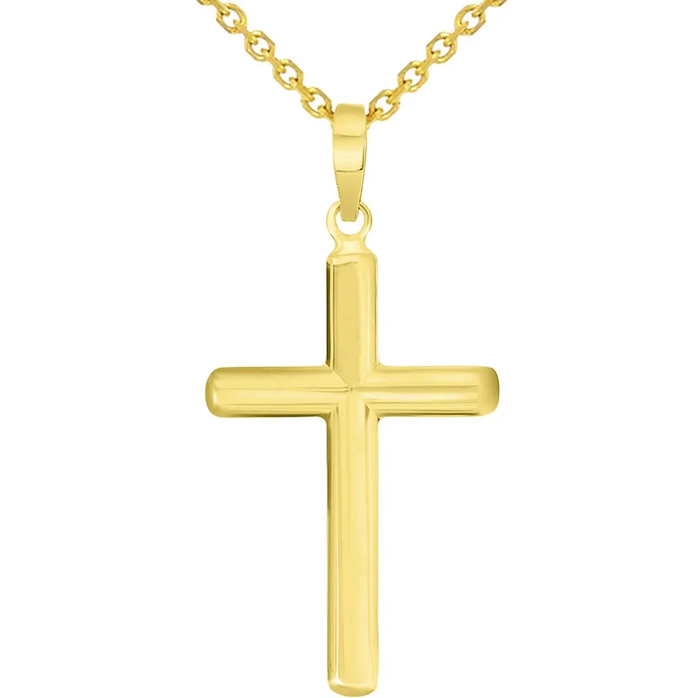 14k Solid Yellow Gold Traditional Religious Plain Cross Pendant Necklace with Rolo, Cuban, or Figaro Chain Necklaces