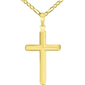 14k Solid Yellow Gold Traditional Religious Plain Cross Pendant Necklace with Rolo, Cuban, or Figaro Chain Necklaces