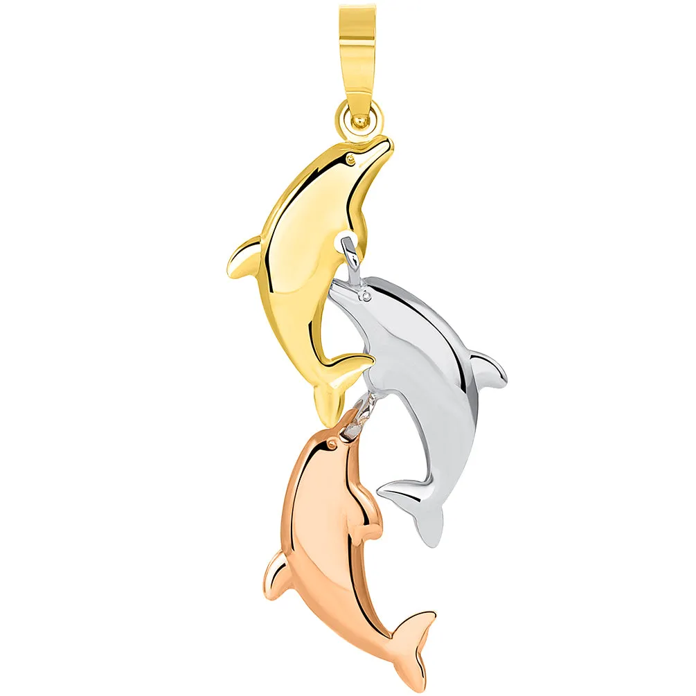 14k Tri Color Gold 3D Three Dangling Dolphins Jumping Vertical Pendant Figaro Chain Necklace