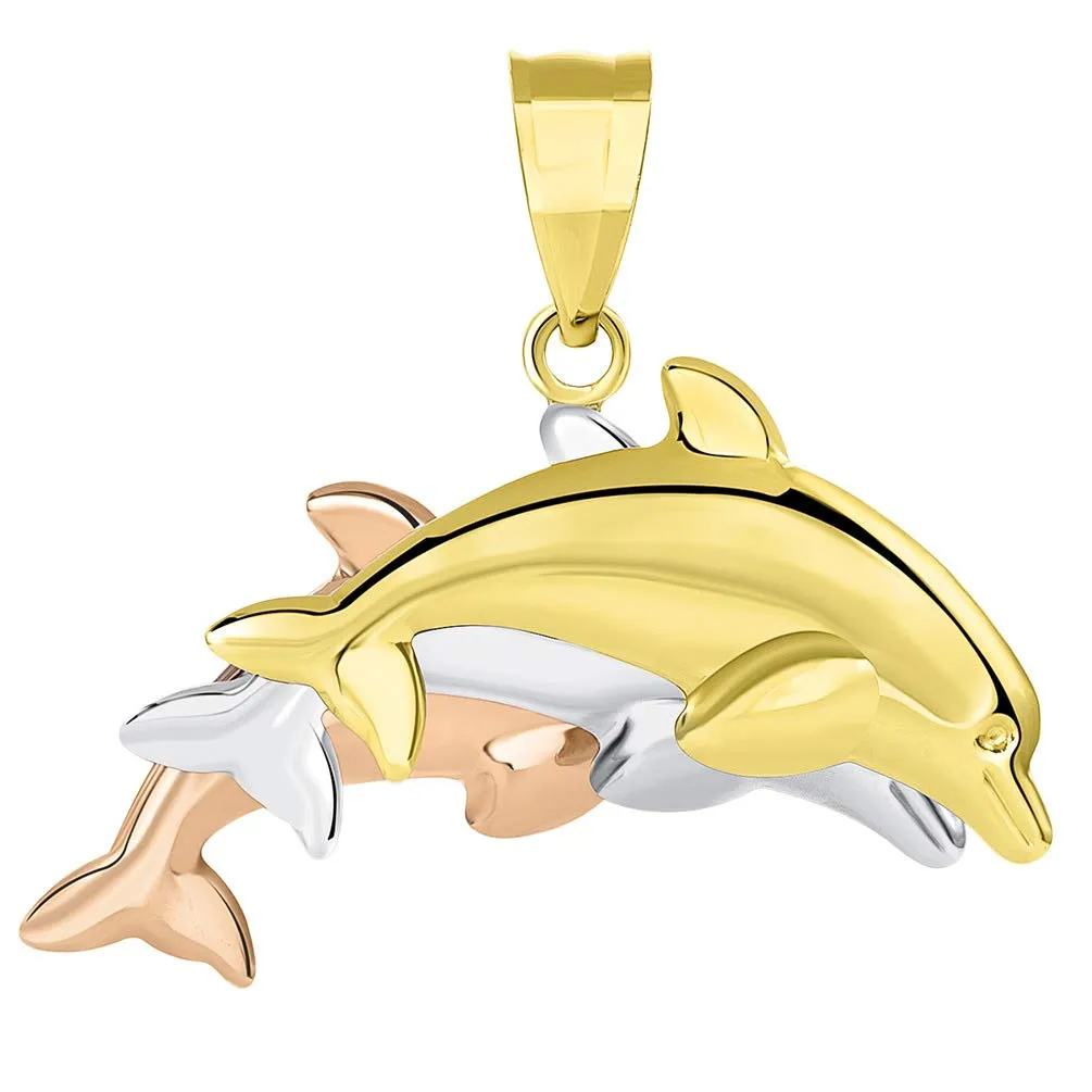 14k Tri-Color Gold 3D Three Dolphins Jumping Together Pendant Necklace