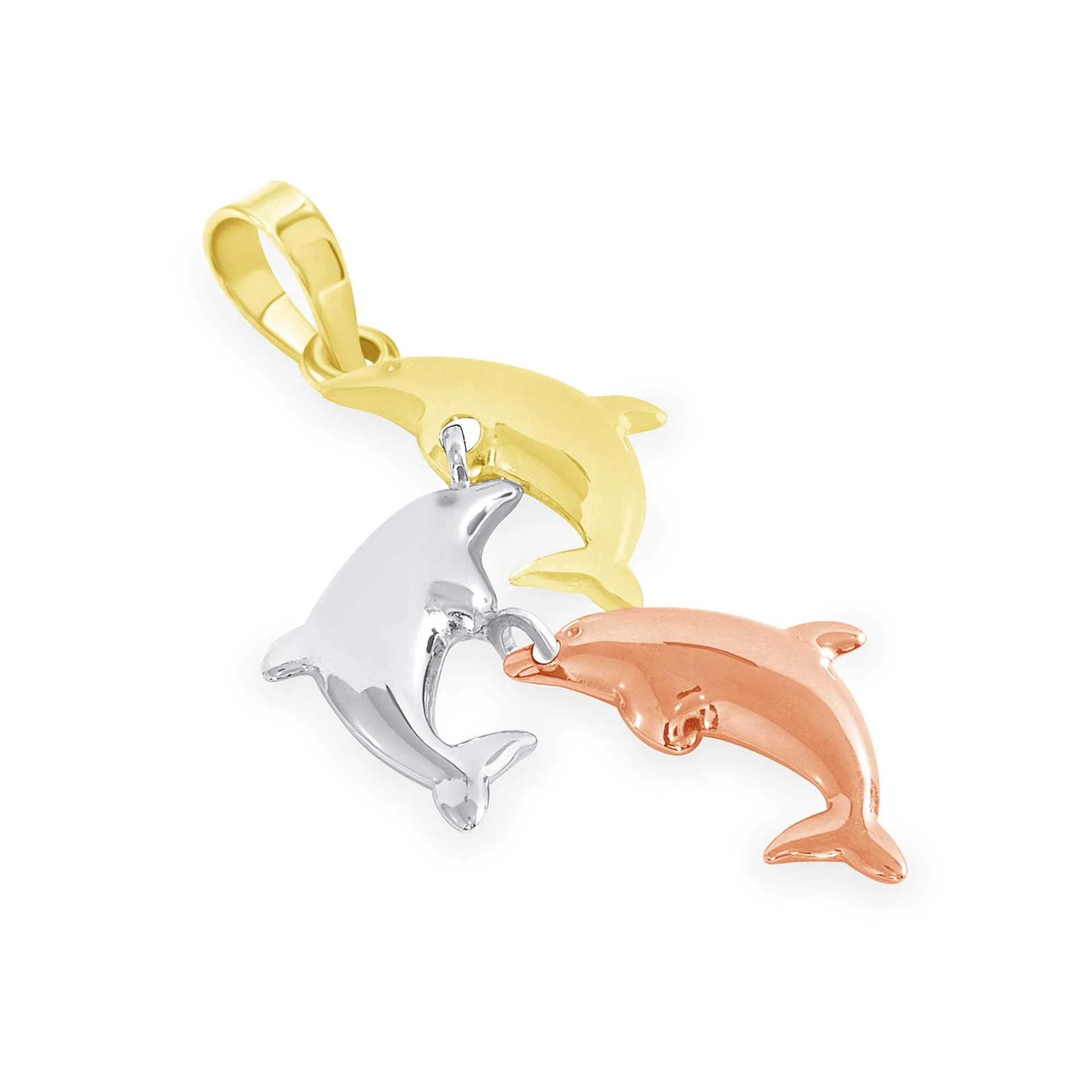 14k Tri-Color Gold Dangling Three Dolphins Jumping Up Pendant