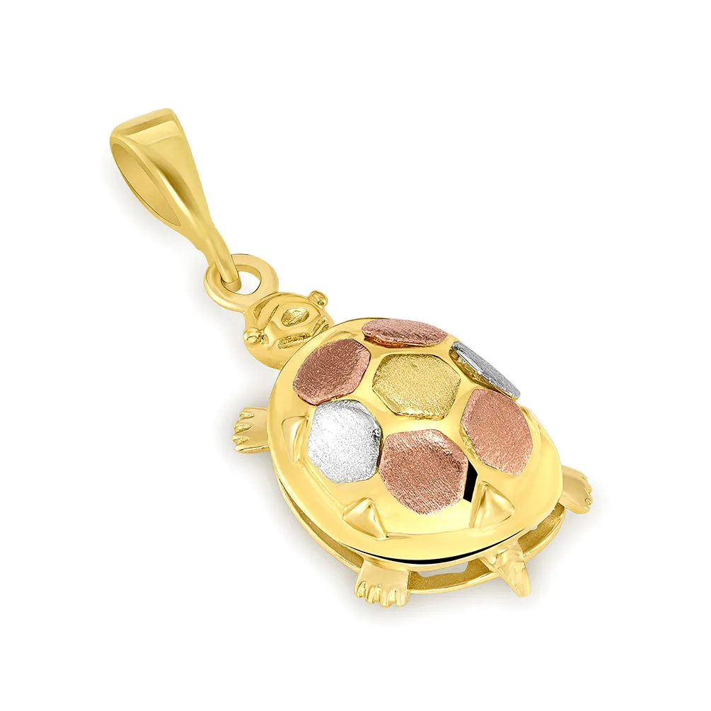 14K Tri-Color Gold Fancy Turtle Charm Animal Pendant with Cuban Chain Necklace