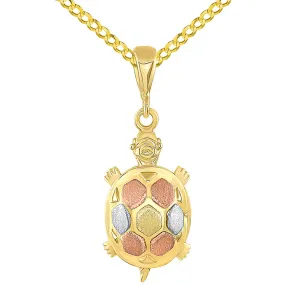 14K Tri-Color Gold Fancy Turtle Charm Animal Pendant with Cuban Chain Necklace