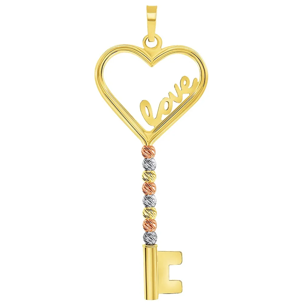 14k Tri-Color Gold Love Written Open Heart Beaded Key Pendant with Figaro Chain Necklace