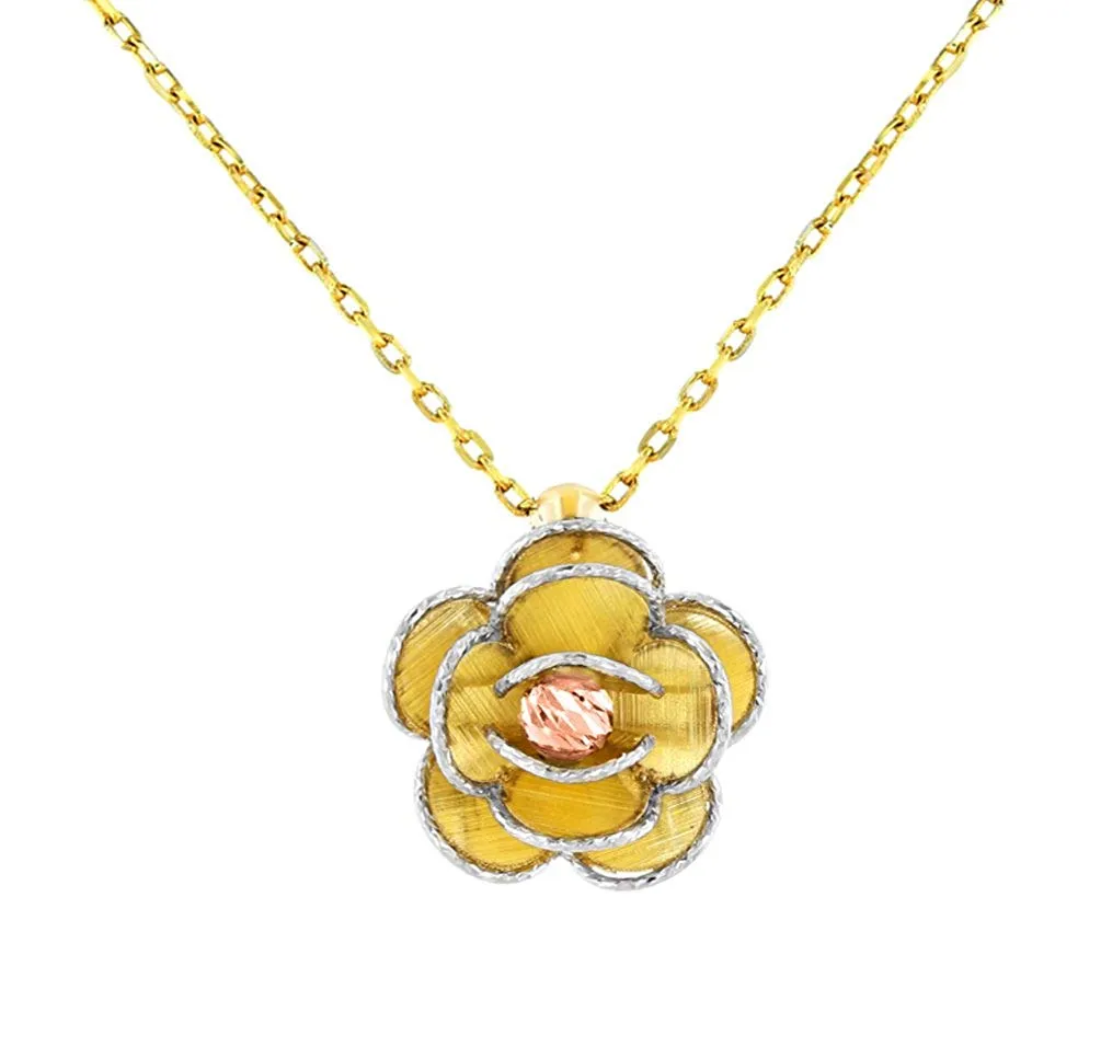 14K Tri Color Gold Textured Blooming Flower Pendant Floral Necklace