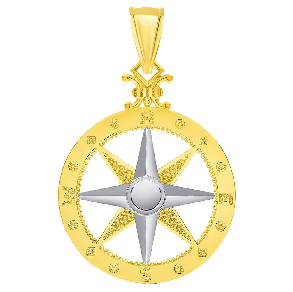 14k Two-Tone Gold Compass Wind Rose Pendant with Rolo Cable, Curb, or Figaro Chain Necklaces