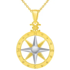 14k Two-Tone Gold Compass Wind Rose Pendant with Rolo Cable, Curb, or Figaro Chain Necklaces