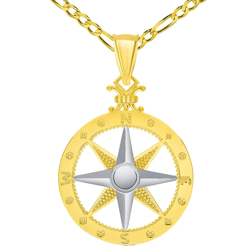 14k Two-Tone Gold Compass Wind Rose Pendant with Rolo Cable, Curb, or Figaro Chain Necklaces