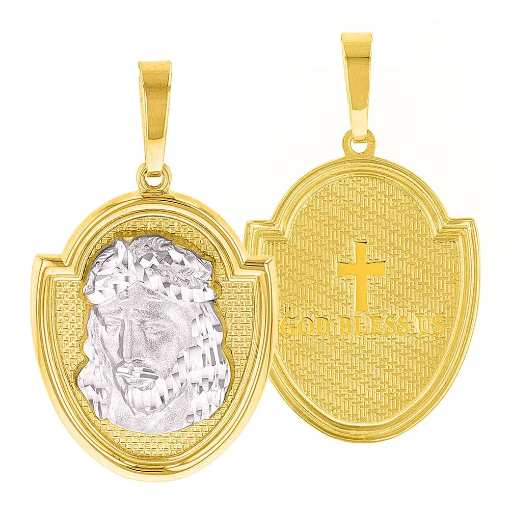 14K Two-Tone Gold Jesus Christ Medal God Bless Us Pendant Necklace