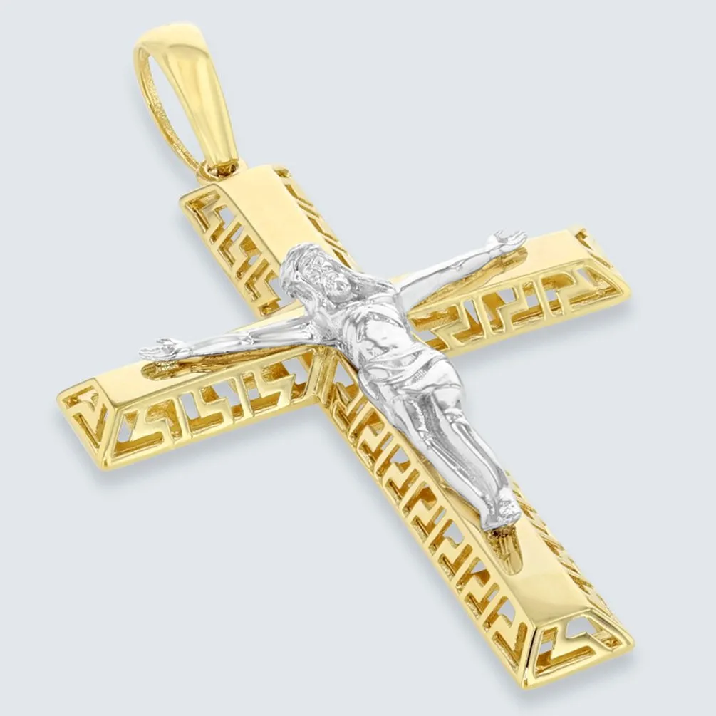 14K Two-Tone Gold Large Cross Greek Key Pattern Crucifix Pendant