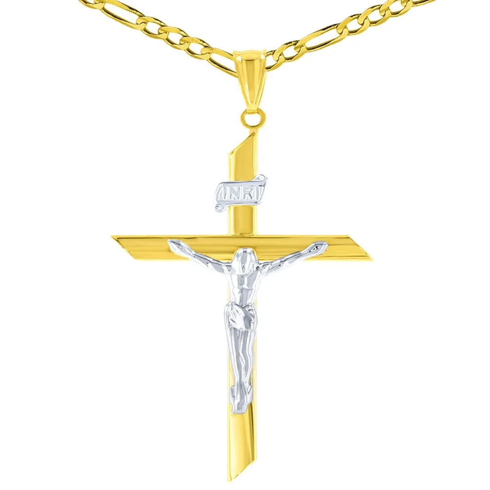 14K Two-Tone Gold Passion Cross with Jesus Christ Crucifix Pendant with Cable, Curb, or Figaro Chain Necklace