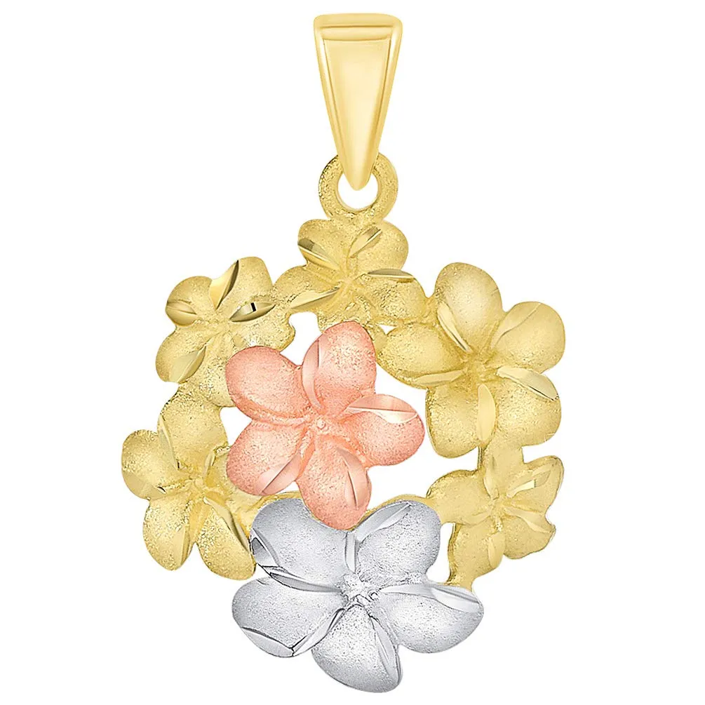 14k Yellow and Rose Gold Bouquet of Tri-Tone Hawaiian Plumeria Flower Pendant Necklace