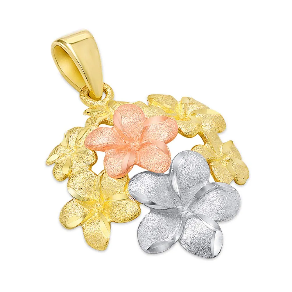 14k Yellow and Rose Gold Bouquet of Tri-Tone Hawaiian Plumeria Flower Pendant Necklace