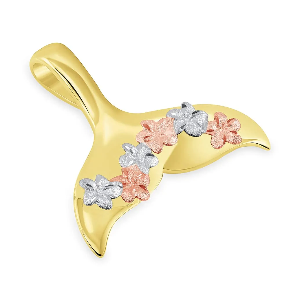 14k Yellow and Rose Gold Tri-Tone Dolphin Tail Fin with Hawaiian Plumeria Flowers Pendant