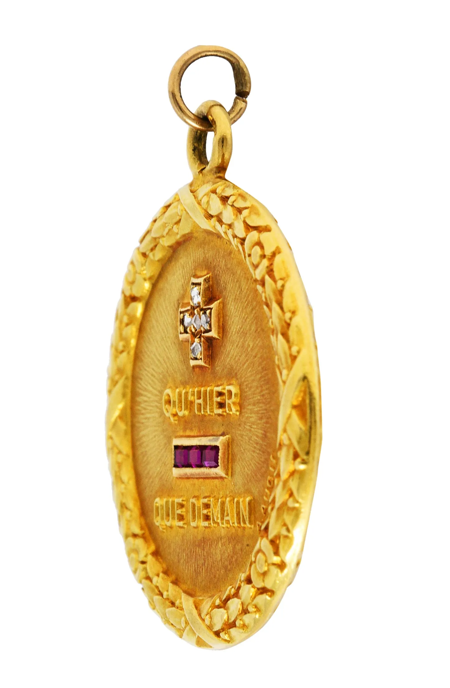 1910 French A. Augis Diamond Ruby 18 Karat Gold Love Poem Pendant Charm