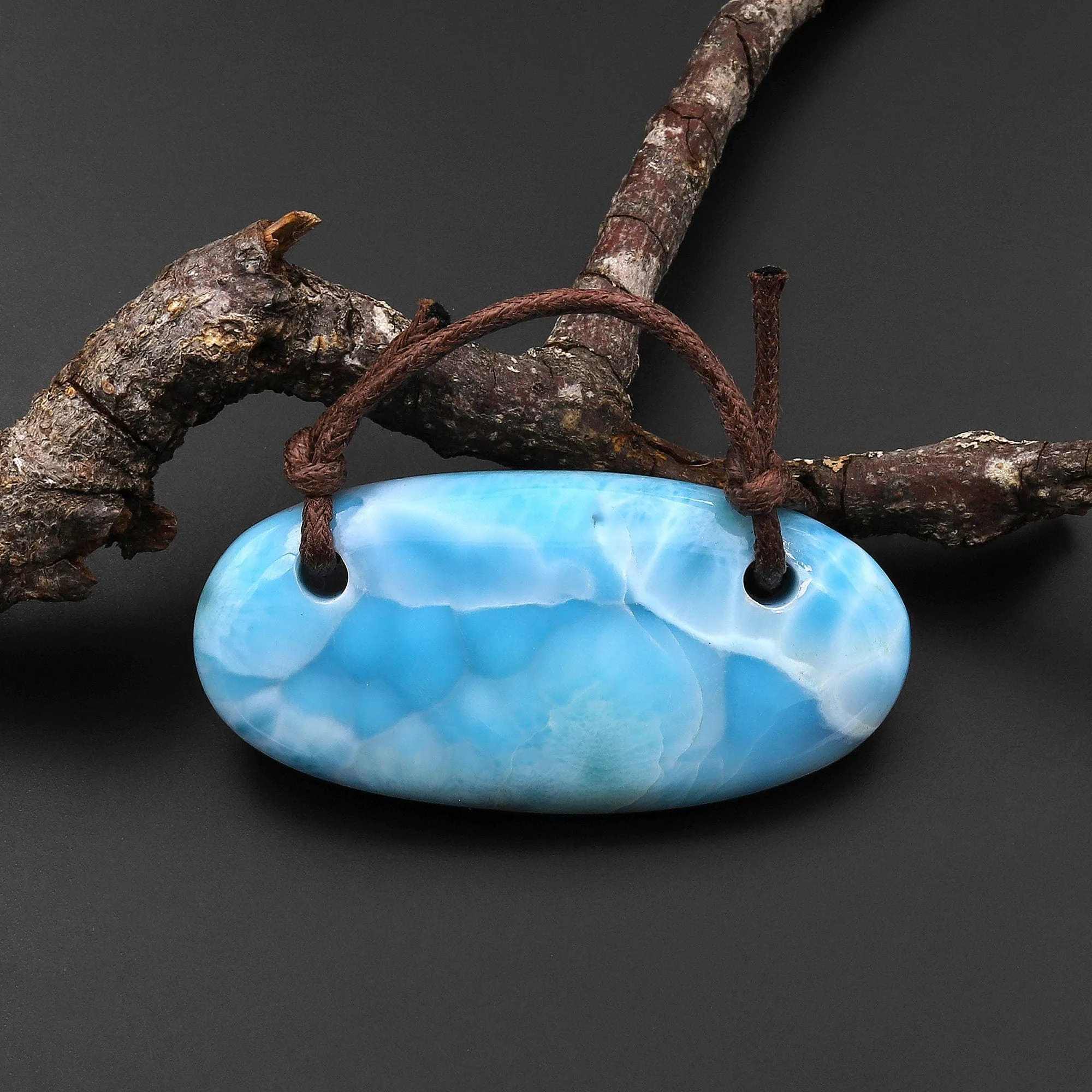 2 Hole Pendant Large Natural Blue Larimar Long Oval Pendant Drilled Genuine Real Blue Larimar Gemstone A6