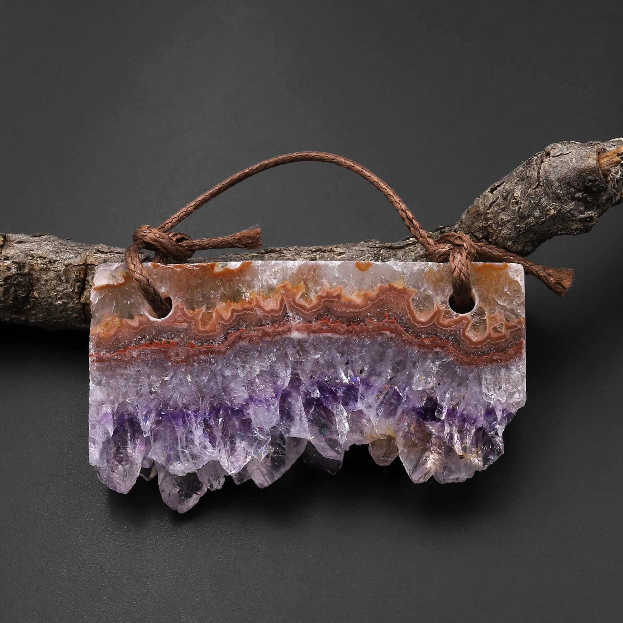 2 Hole Pendant Natural Bright Orange Brown Purple Amethyst Crystal Stalactite Druzy Pendant Drilled Flat Long Rectangle A1