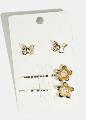 2-Piece Flower Hairpins & Butterfly Stud Earrings