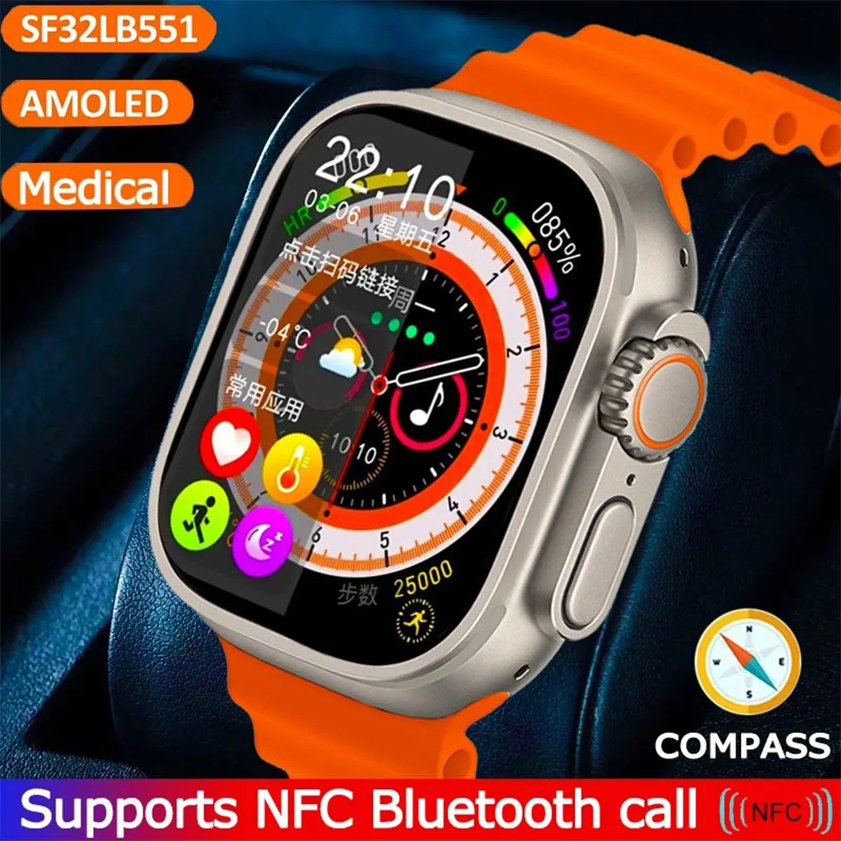 2023 New Ultra Smartwatch Men Series 8 NFC Body Temperature Watch Blood Sugar SOS 3 Button Waterproof Men Women Smart Watch 45MM HW8