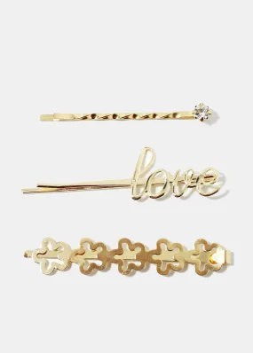 3-Piece "LOVE" & Metal Flower Hair Pins