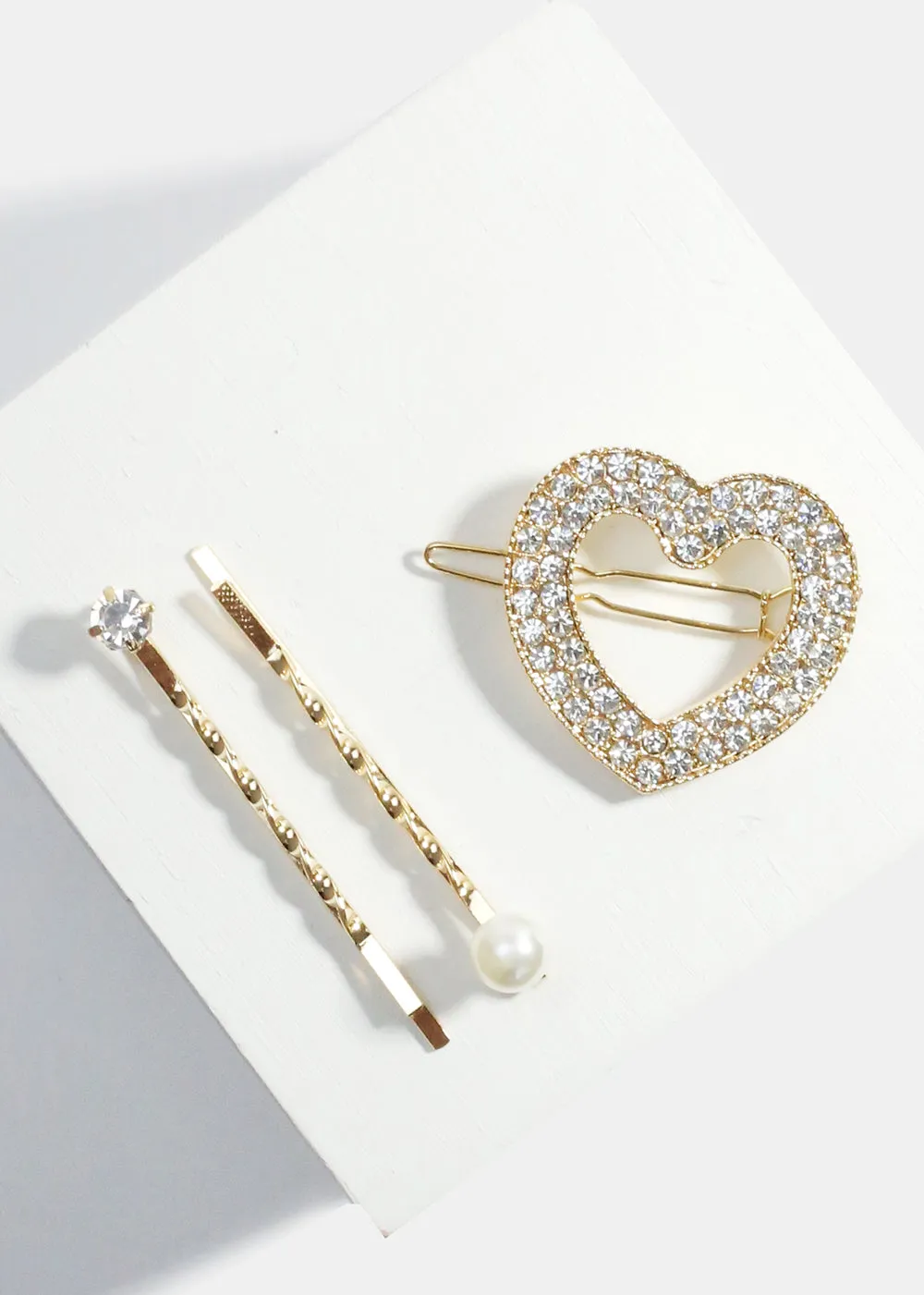 3-Piece Rhinestone-Studded Heart Hair Pins